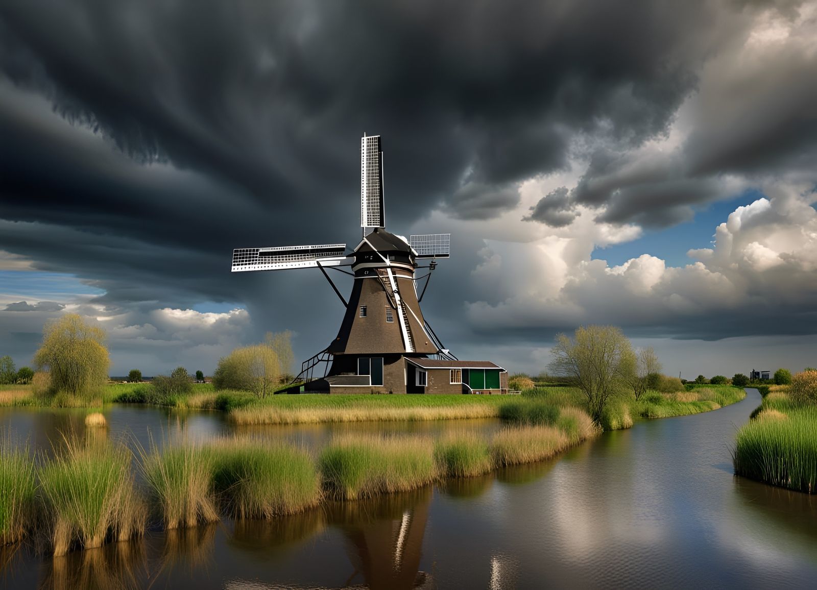 The Netherlands a storm is growing over a Dutch windmill.