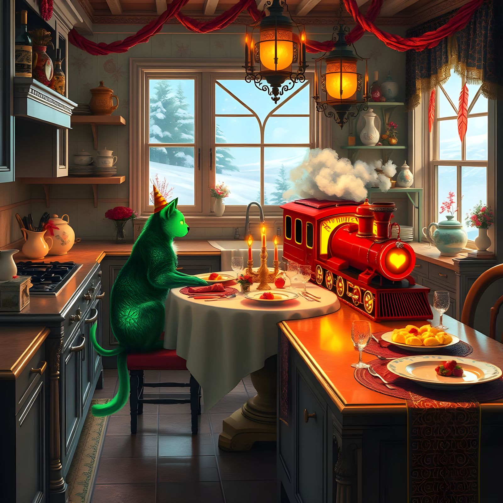 Funky Neon Birthday Cat Dog in Kitchen