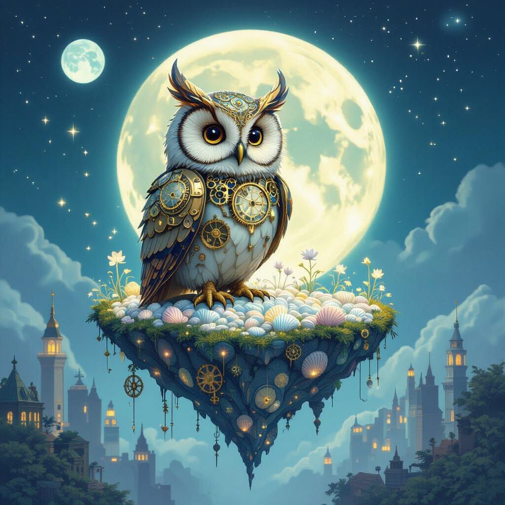 Clockwork Owl on Moonlight Island Over Seashell City