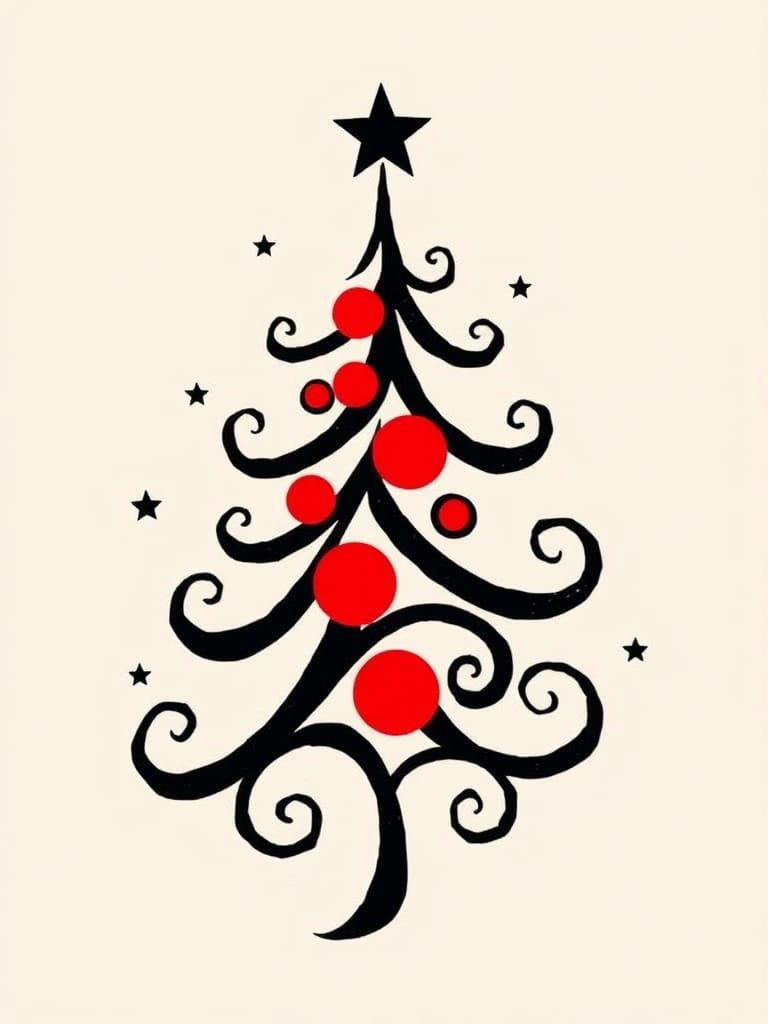 Stylized Christmas Tree with Red Ornaments in Graphic Style