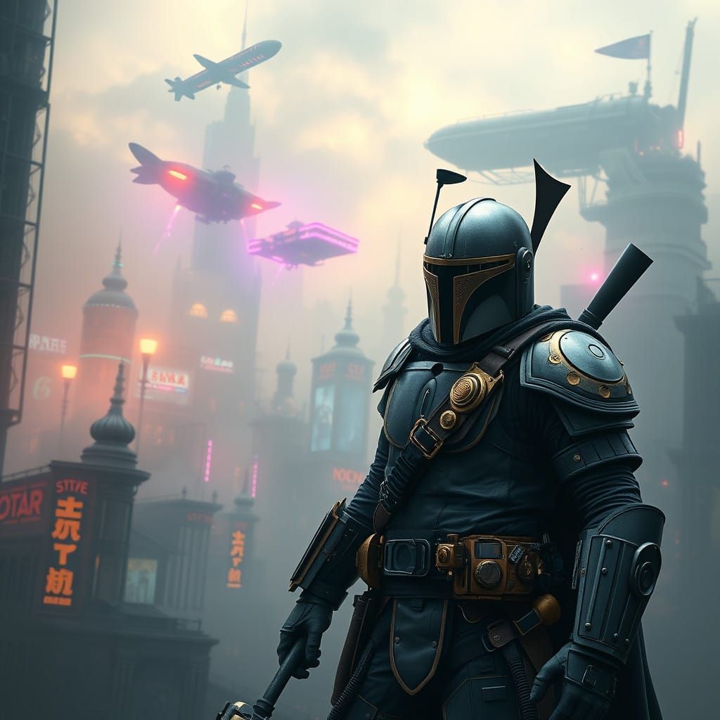Heroic Steampunk Warrior in Smog-Shrouded Metropolis