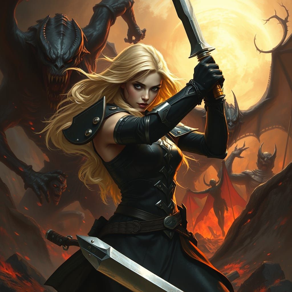 Blonde Warrior Fighting Demons in Hellish Landscape