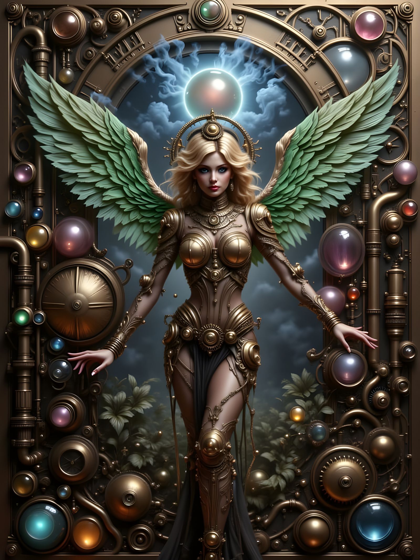 Art Nouveau Steam Angel with Green Glass Wings