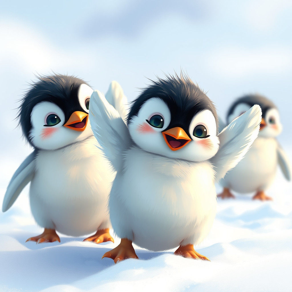 Playful Penguin Chicks Frolicking in Snow