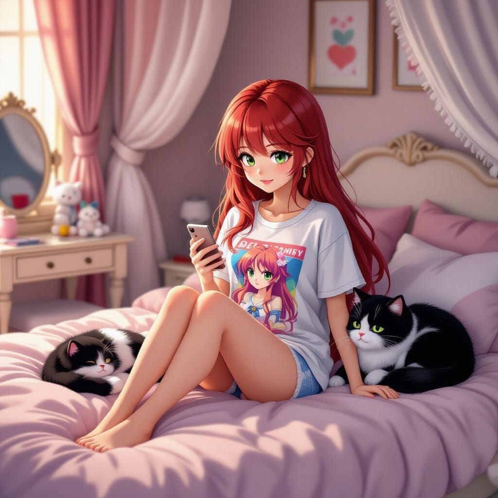 Japanese Woman with Cat in 8-bit Tokyo Bedroom