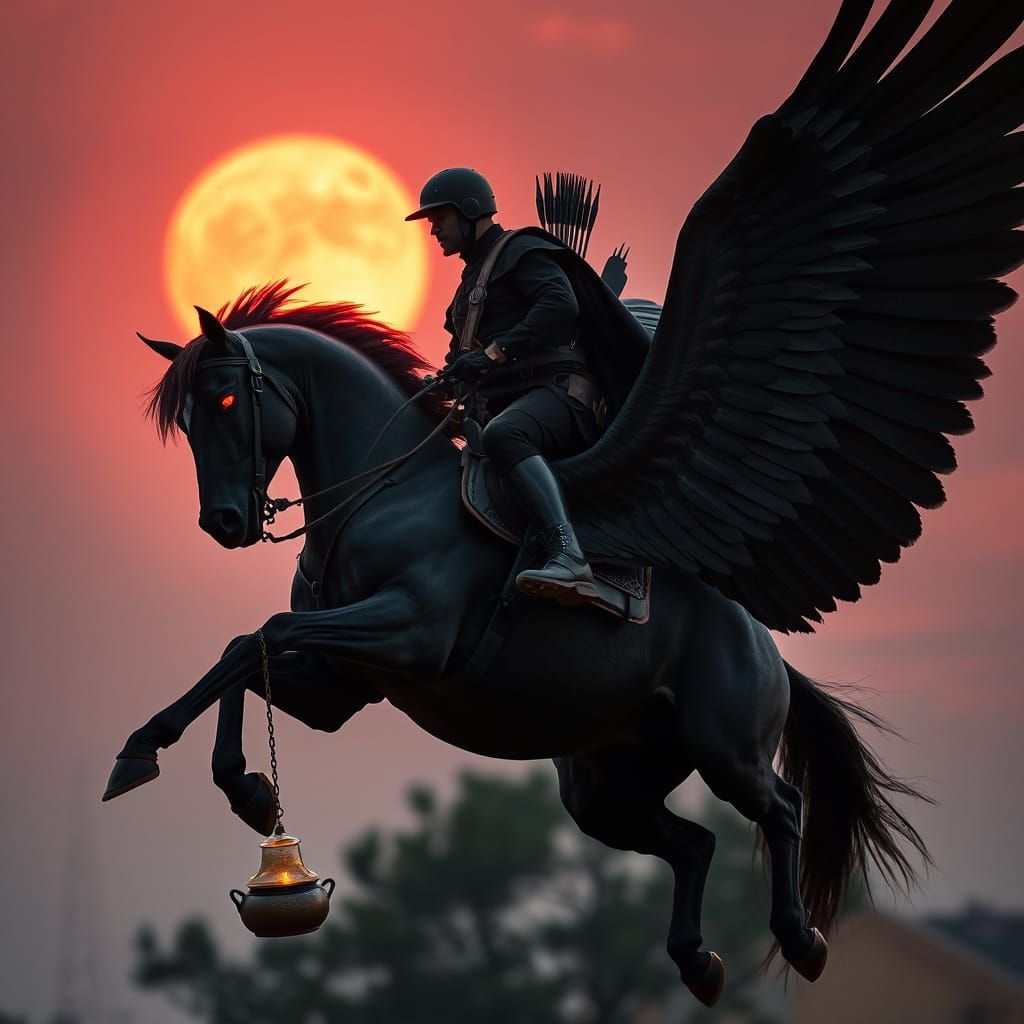 Rider on a Red-Eyed Pegasus Hunts at Sunset
