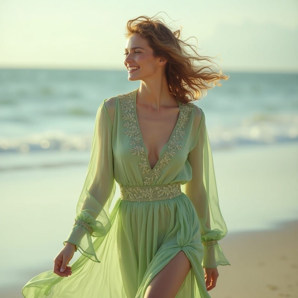 Serene Woman on Beach in Pastel Colors