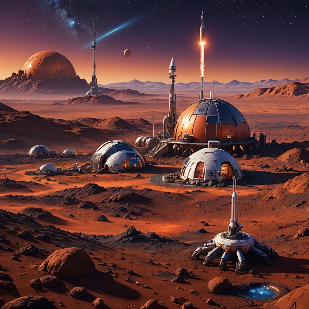 Mars Habitat and Rocket in Surreal Landscape