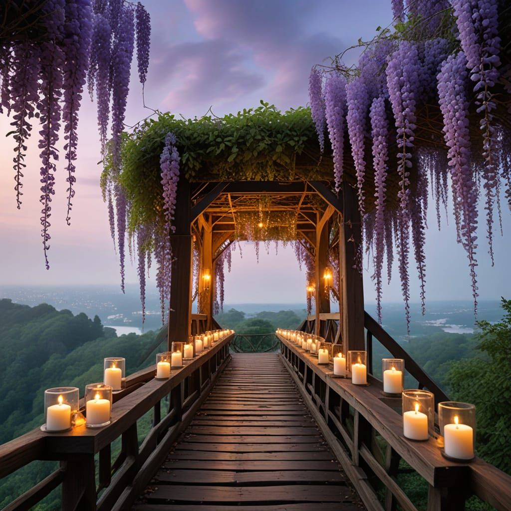 Ethereal Bridge Surrounded by Wisteria and Candles