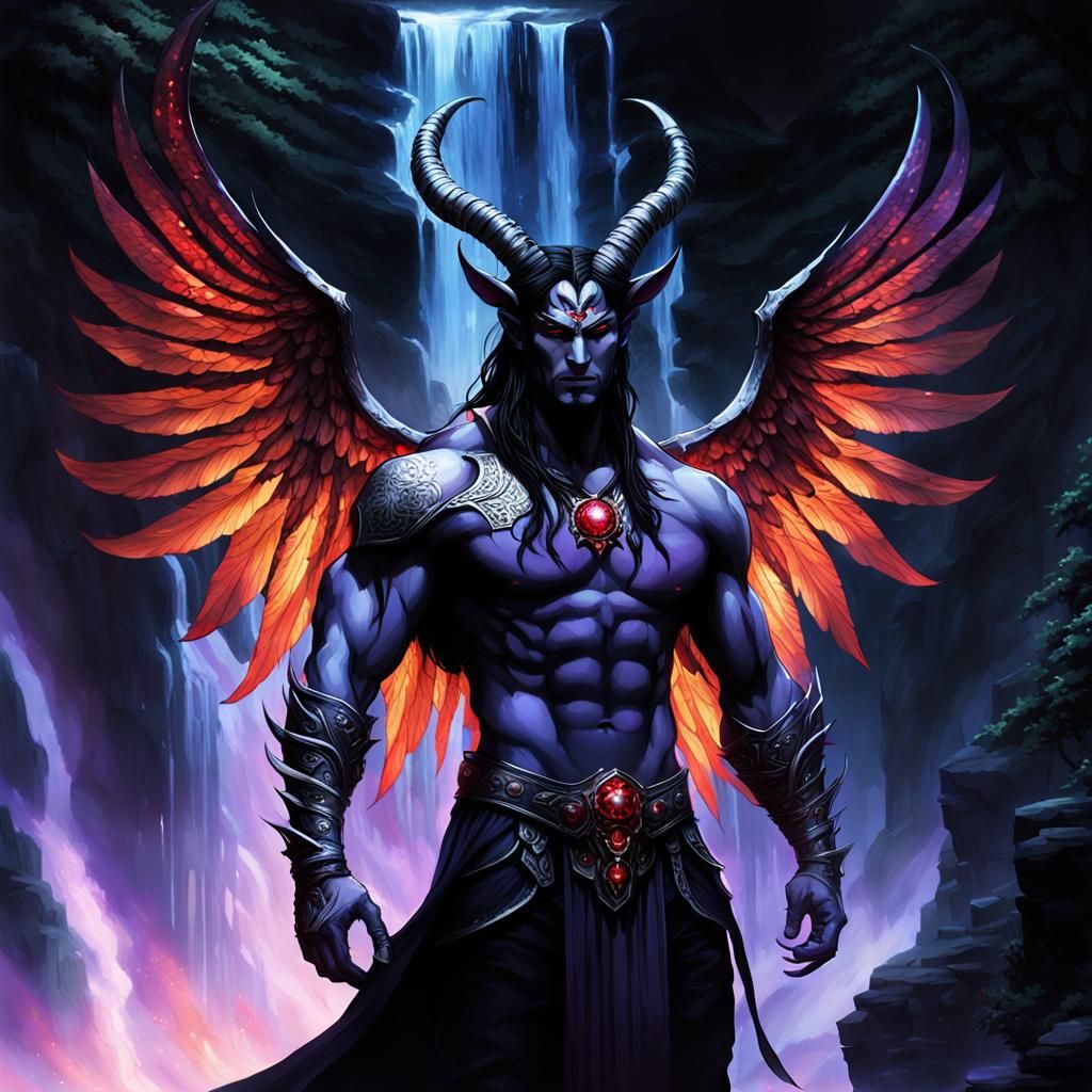 Majestic Being with Fiery Horns and Purple Wings