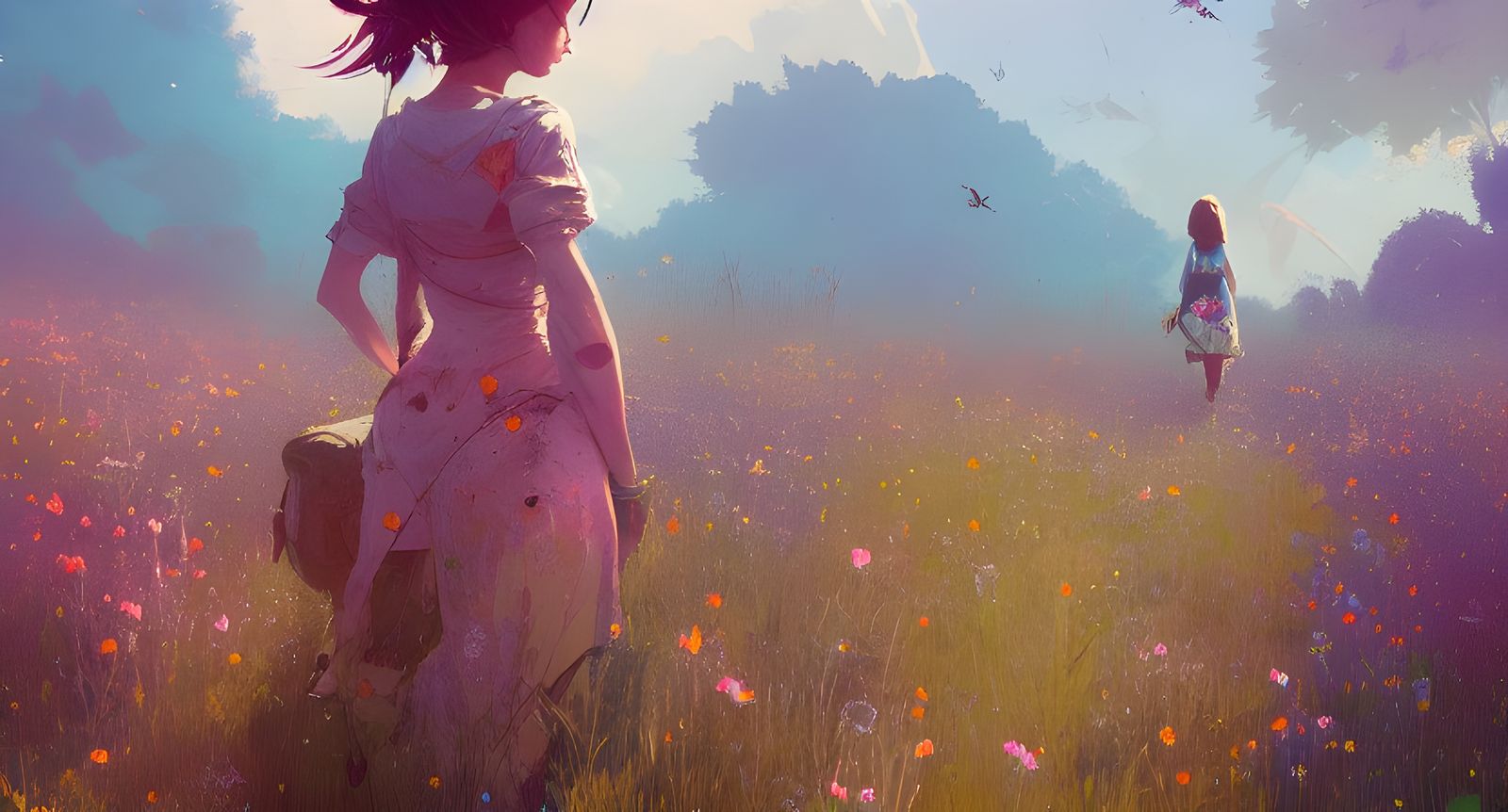 Girl in Flower Meadow: Digital Illustration