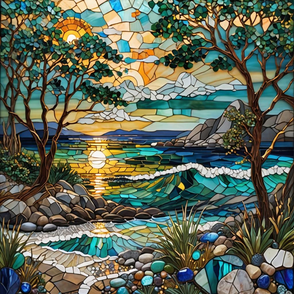 Stained Glass Beach Sunset in Hyperrealism