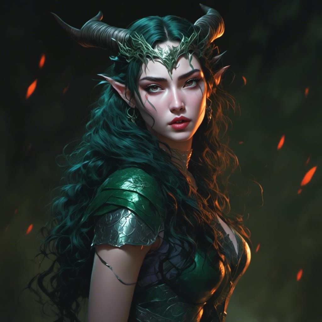 Tiefling Woman Portrait in Art Nouveau Style