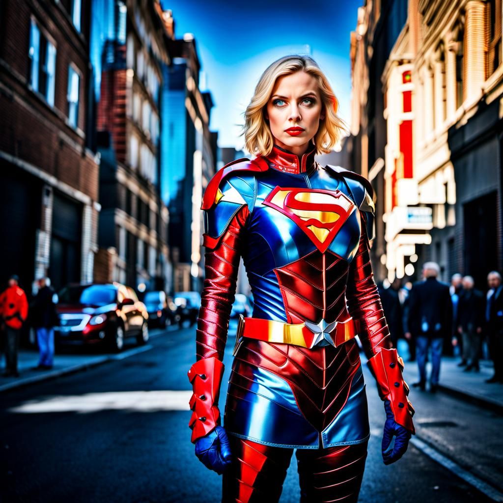 Hyperrealistic Portrait of Armored Woman with Blue Eyes