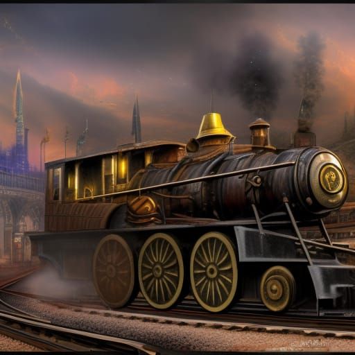 Steampunk Locomotive Arrival: Detailed Matte Painting