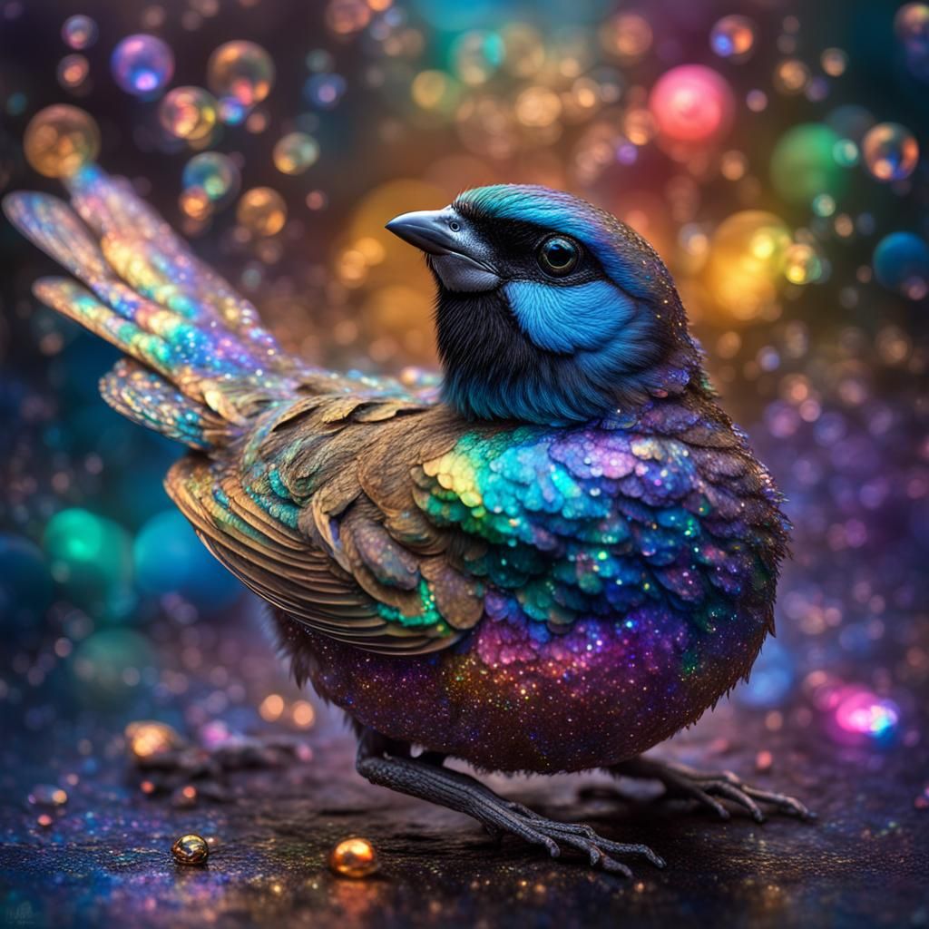 Iridescent Sparrow with Rainbow Core, Fantasy Art
