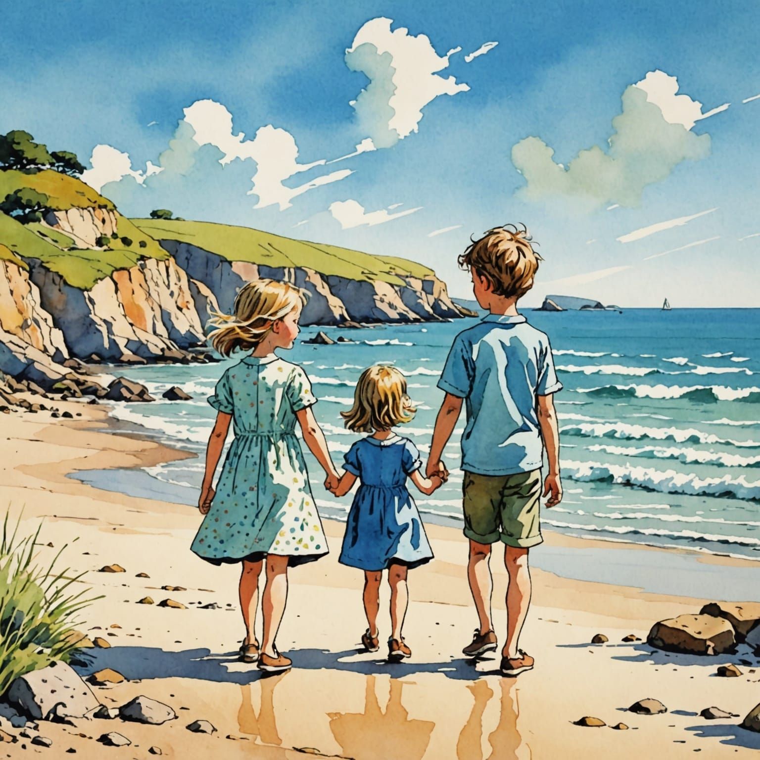 Seashore Stroll in Whimsical Cartoon Style