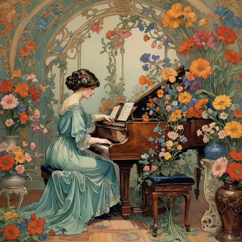 Art Nouveau Woman at Grand Piano with Flowers