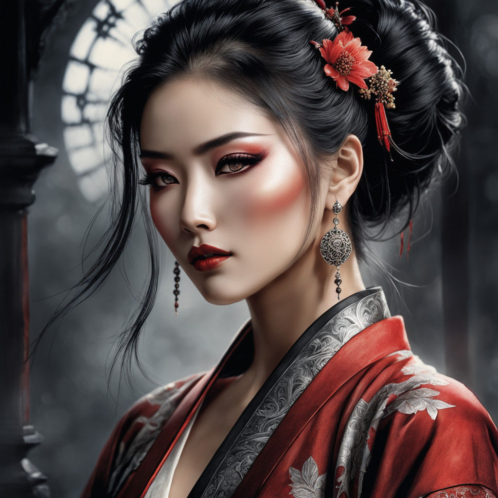 Asian Woman in Kimono-Style Attire with Intricate Tattoos, S...