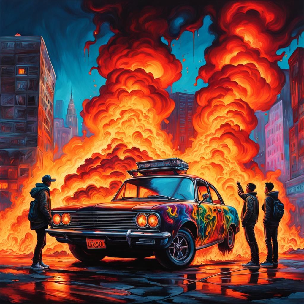 Burning City Street Scene in Graffiti Art Style
