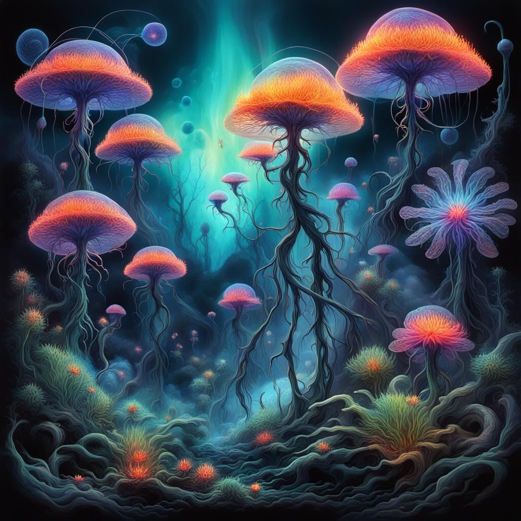 Ethereal Goblinoids in Bioluminescent Cavern, Art Nouveau