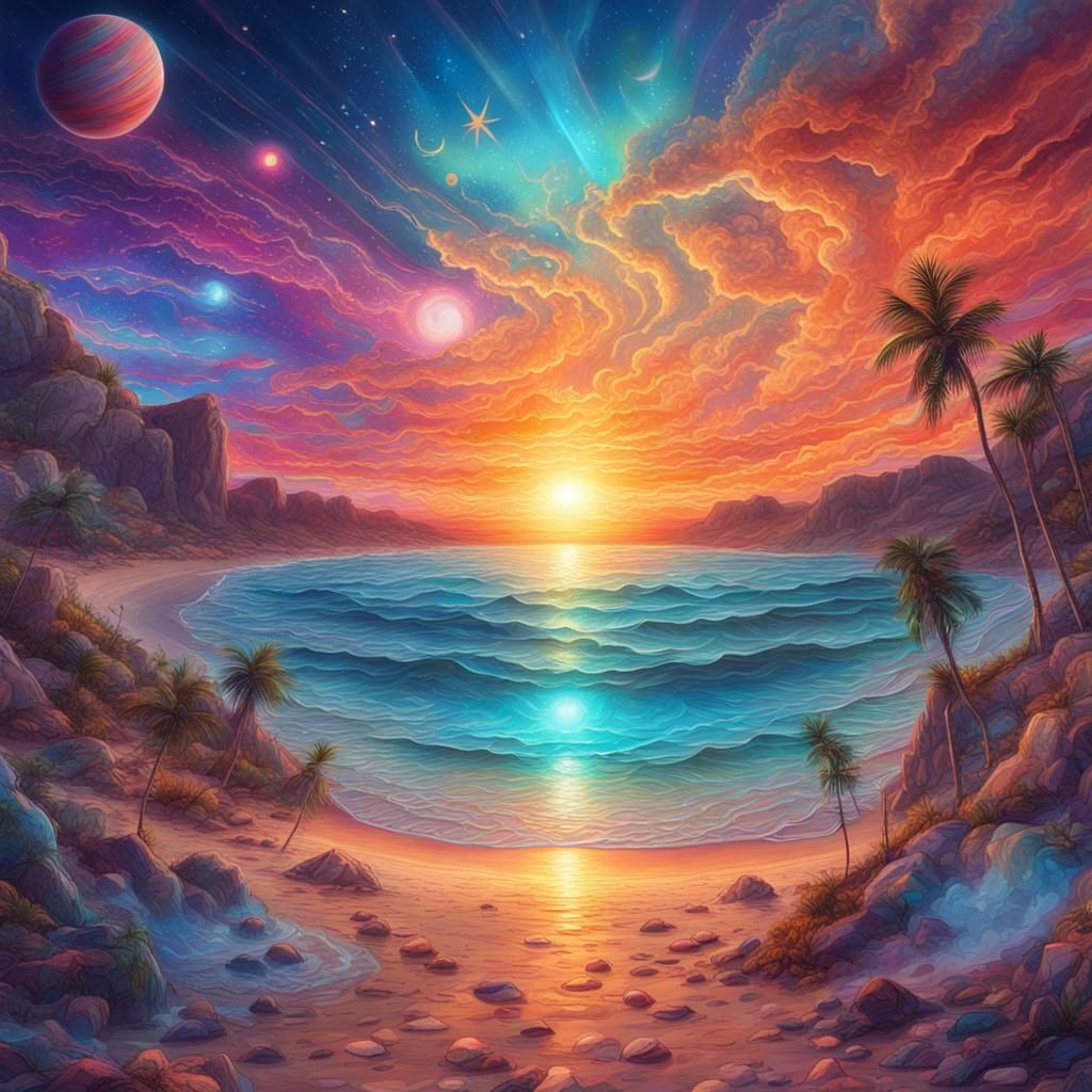 Astral Beach Sunset in Mixed Media Style