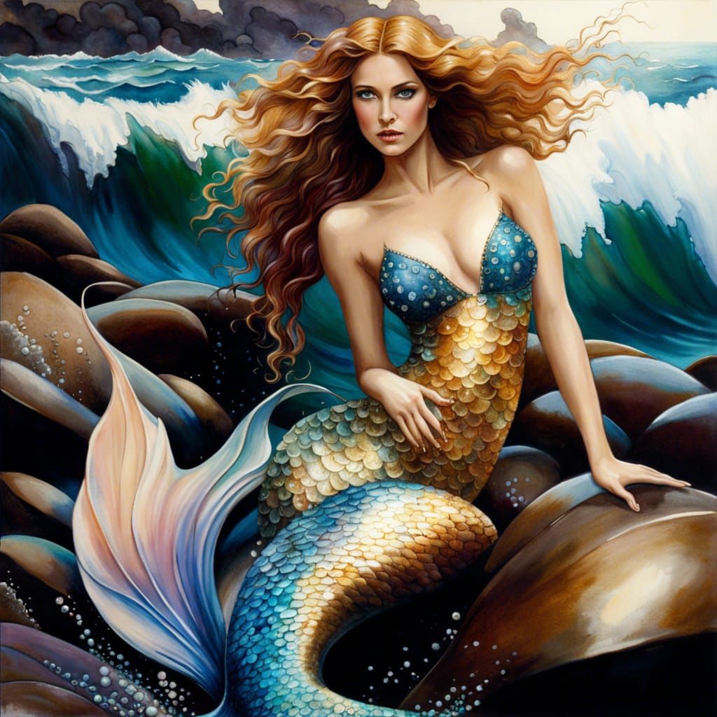 Mermaid on Rocks in Watercolor Explosion Style