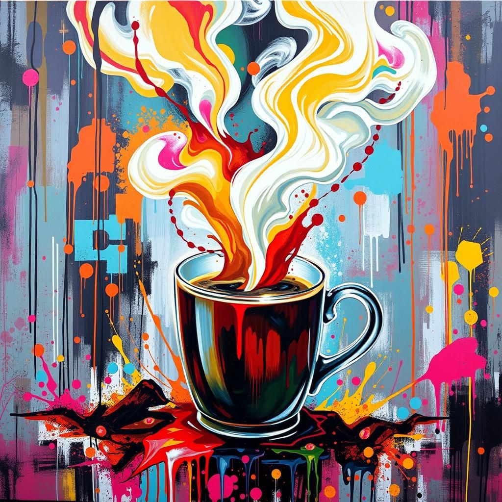Vibrant Street Art of Steaming Coffee in Polychromatic Style