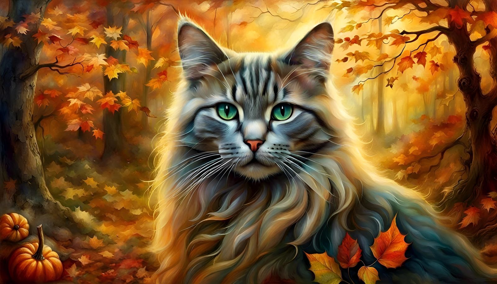 Autumn Cat Portrait in Halloween Scenery