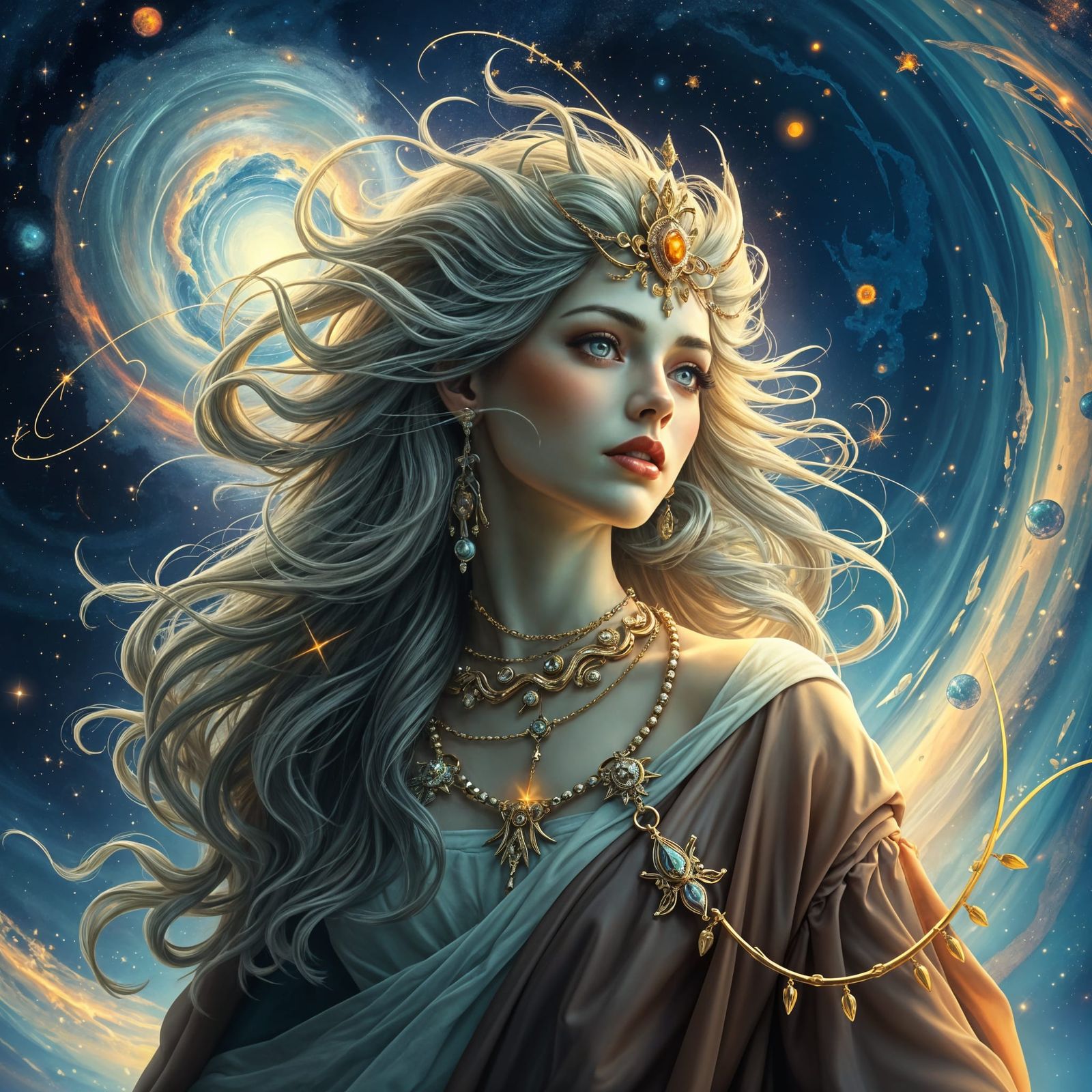 Ethereal Goddess Emerging from Galaxy, in Art Nouveau Style