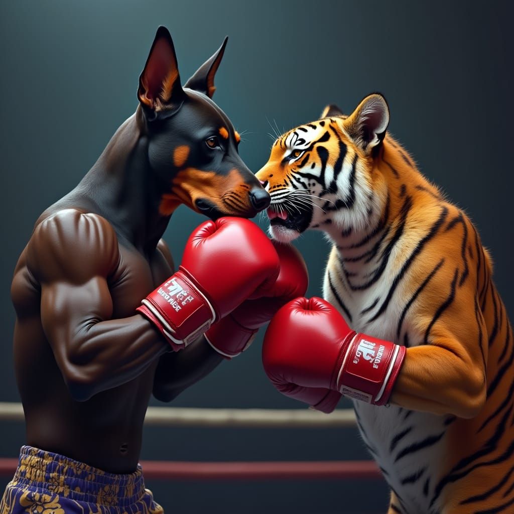 Athletic Doberman vs Bengal Tiger in Red Boxing Gloves
