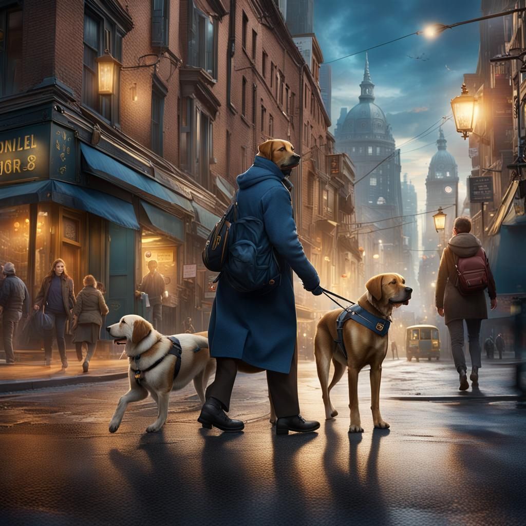 Guide Dog Navigates City Street in Detailed Digital Painting