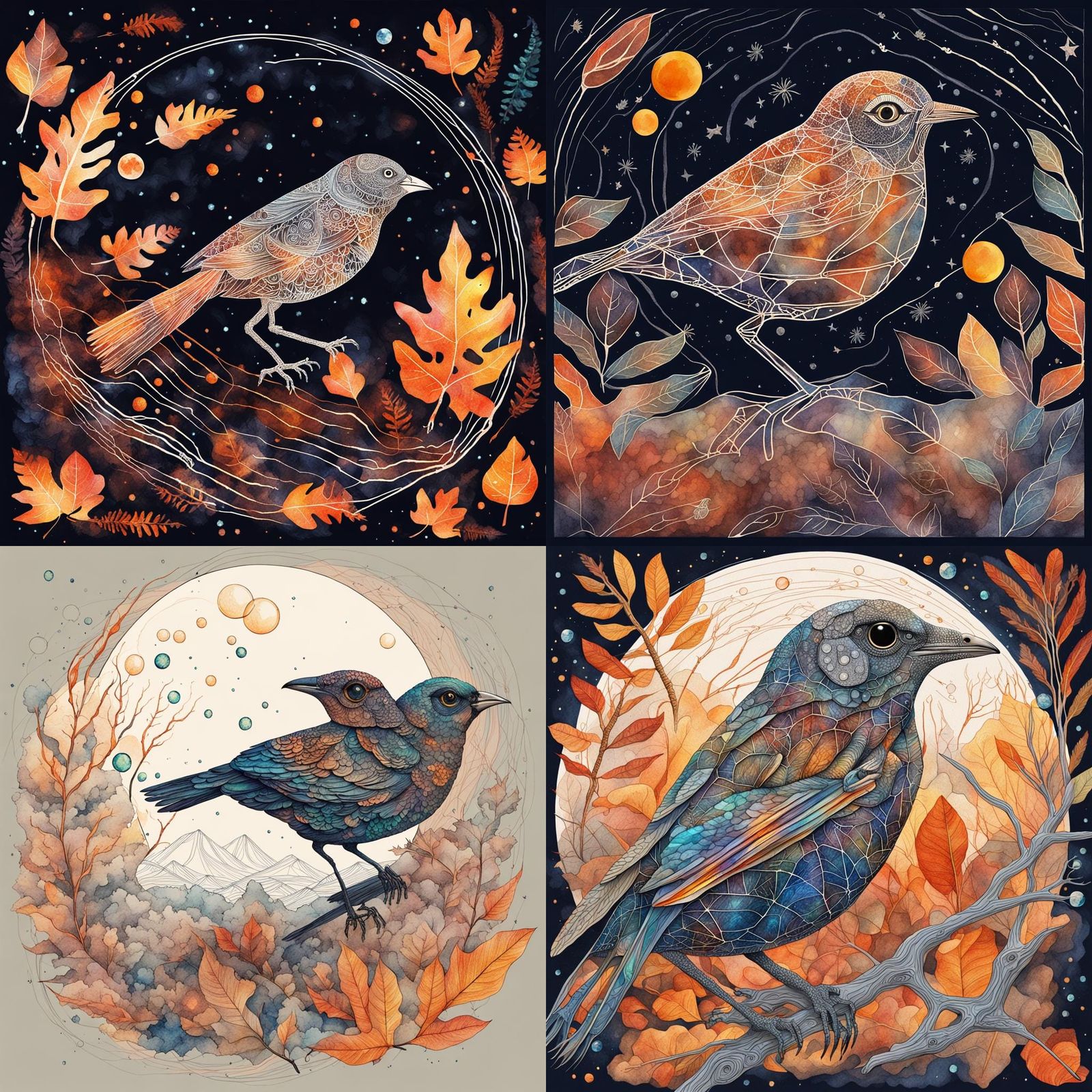 Surreal Fossil Bird Linework in Watercolour Style