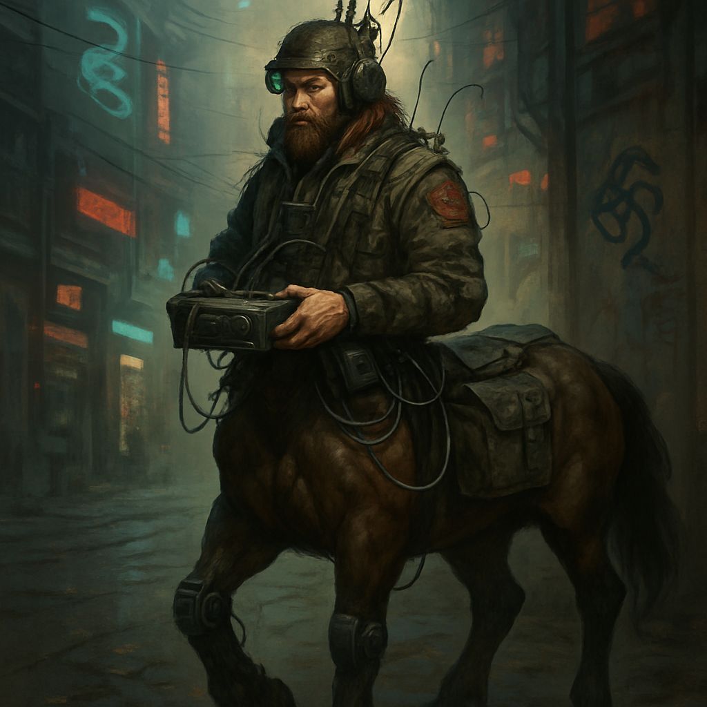 Shadowrun Centaur Rigger in Cyberpunk Style