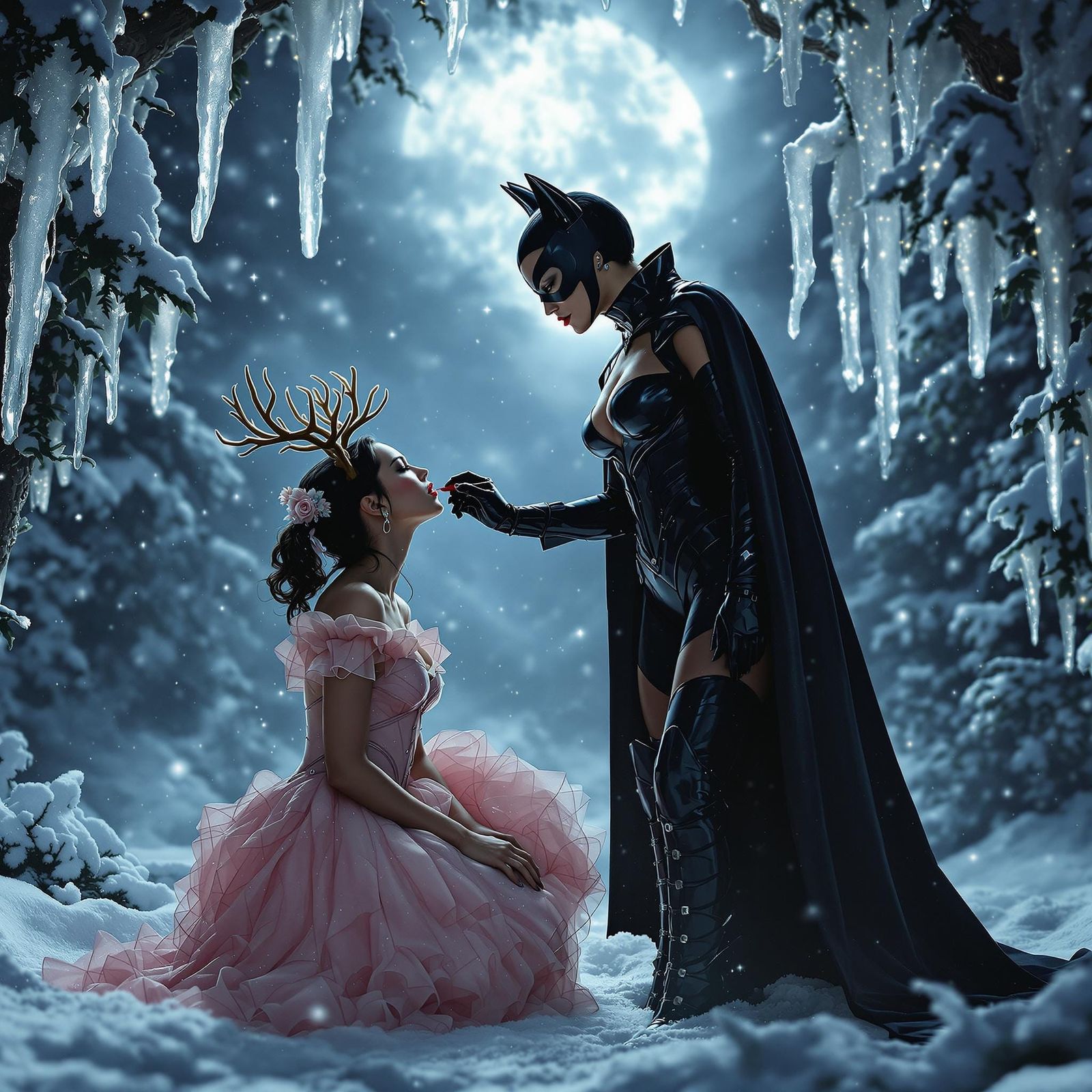 Elegant Catwoman in Serene Winter Wonderland