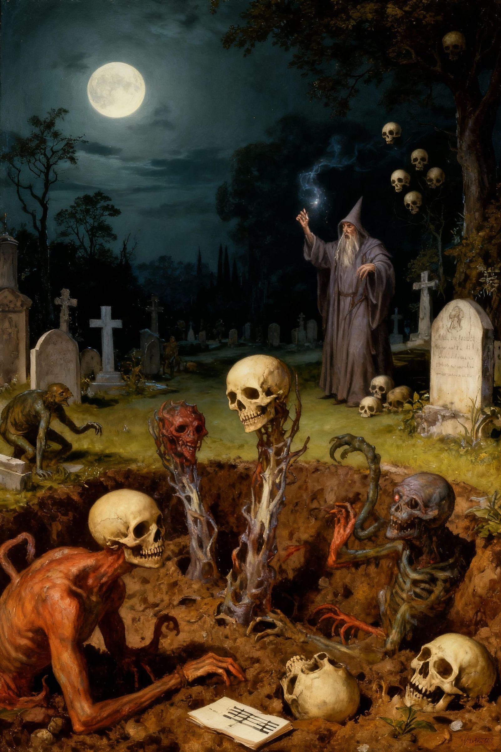 Macabre Cemetery Unleashed by Wizard in Bosch Style