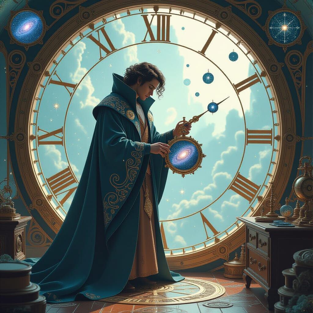 Celestial Clockmaker Crafting Galaxies: Art Nouveau Style
