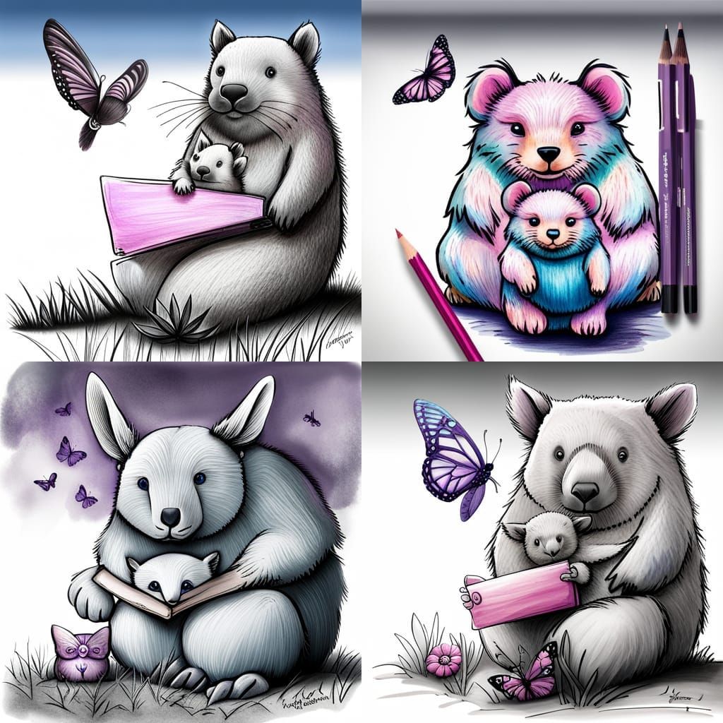 Hippie Wombat Mother and Baby: A Peaceful Sketch