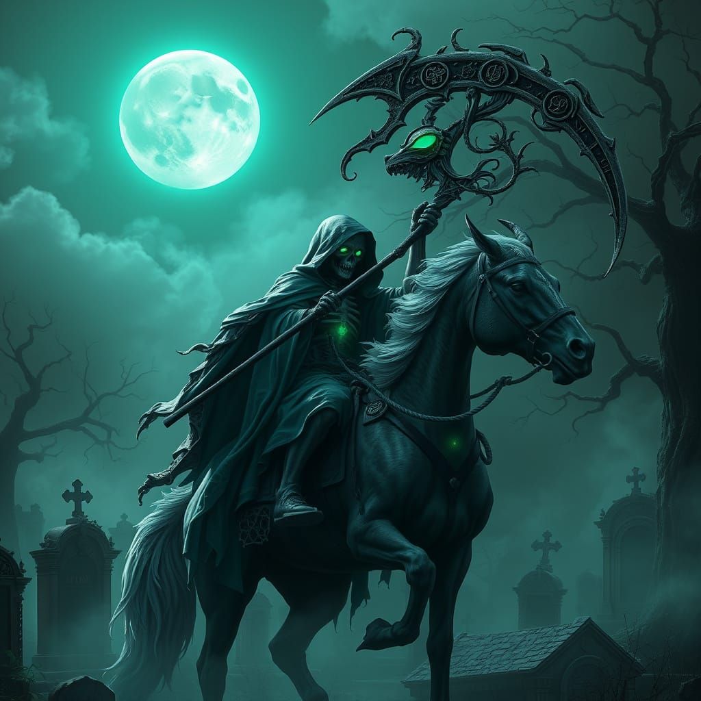 Ethereal Skeleton Rides Dark Horse Under Glowing Green Moon
