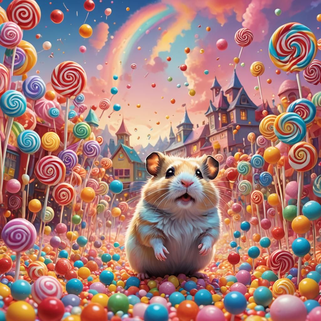 Hamster-Human Hybrid in a Candy Fantasy Landscape