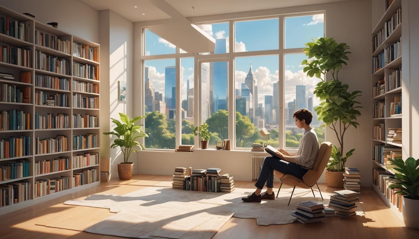 Sunlit Minimalist Interior with Distant City View