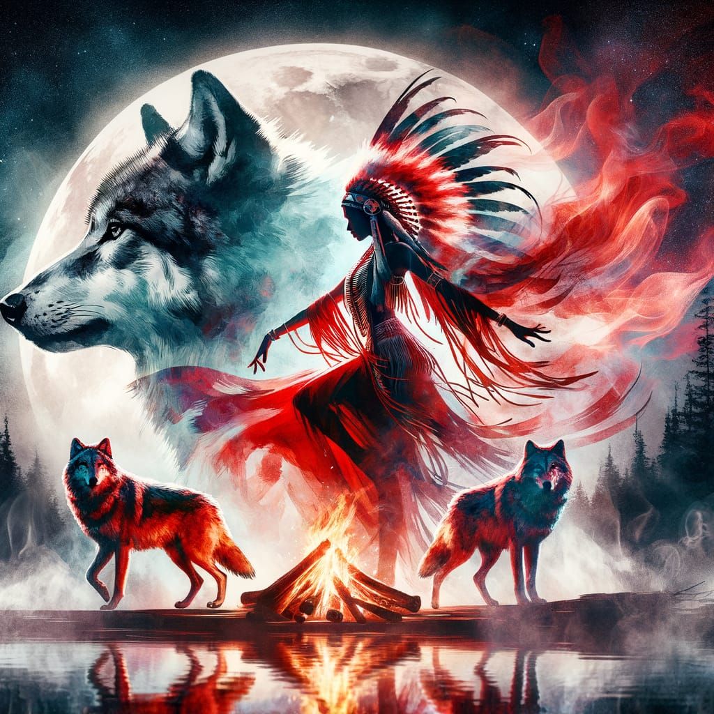 Sioux Dancer with Wolves in Watercolor Style