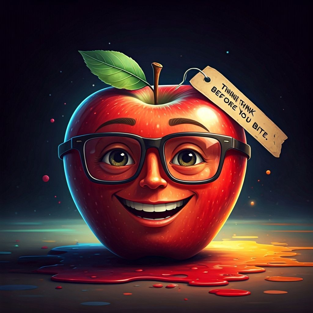 Intelligent Red Apple in Glasses, Vivid Cartoon Style