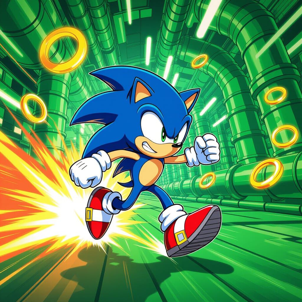 Sonic Runs Through Chemical Plant Zone in Comic Art Style