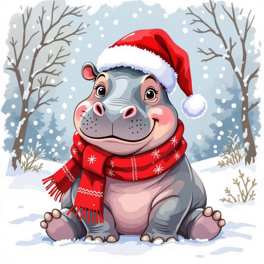 Festive Hippo in Winter Wonderland, Watercolor Style