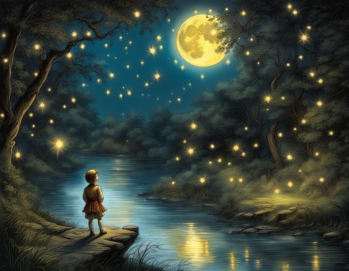 Fireflies Dance Over River Under Jeweled Stars