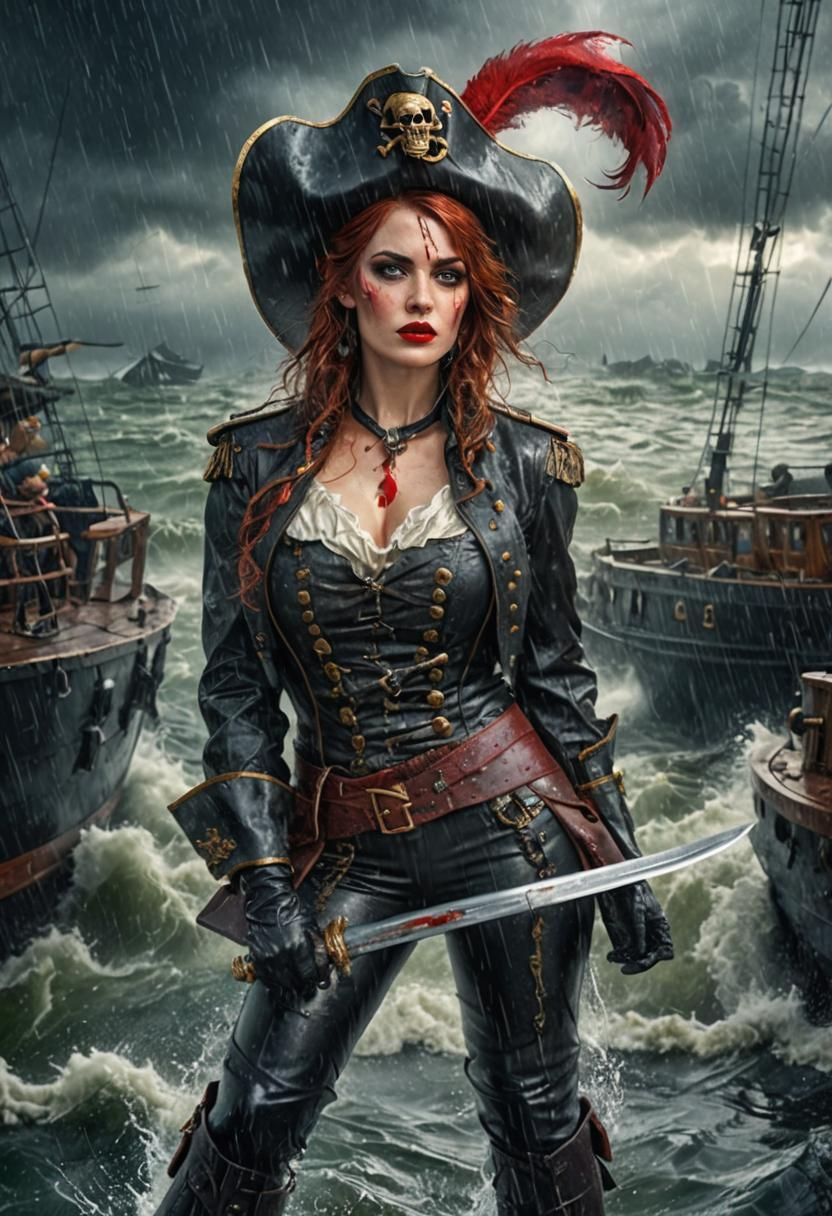 Glamorous Pirate Captain in a Storm, Detailed Matte Painting