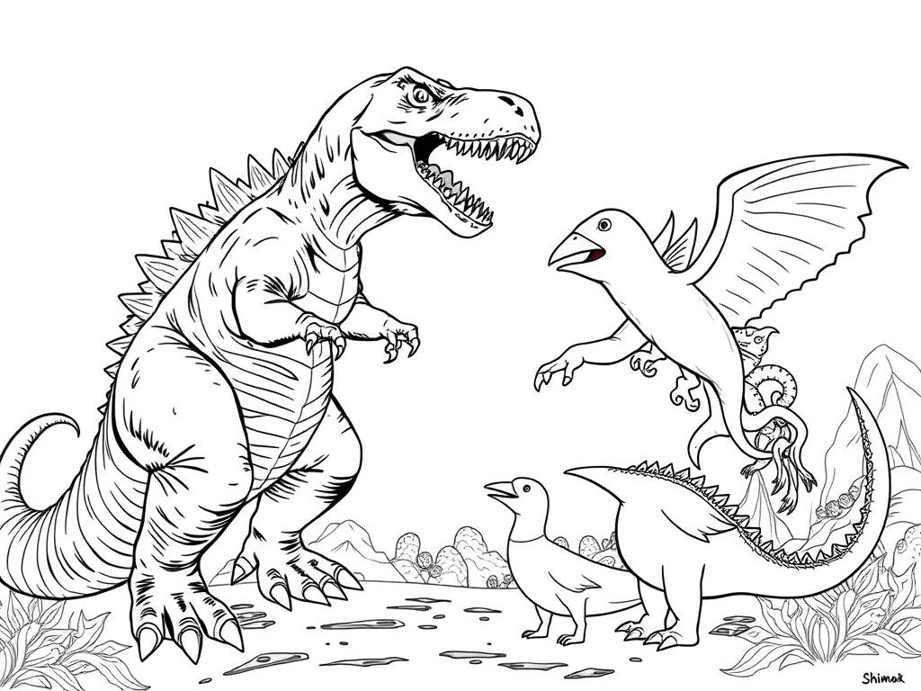 A T-Rex fighting Megalodon Shark and Dodo bird with Godzilla and Shimo. Black and white coloring page line drawing.