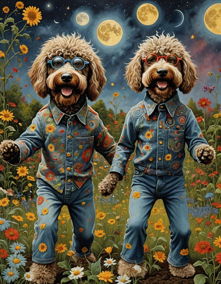Groovy Labradoodles Celebrate the Moon: Surreal Oil Painting