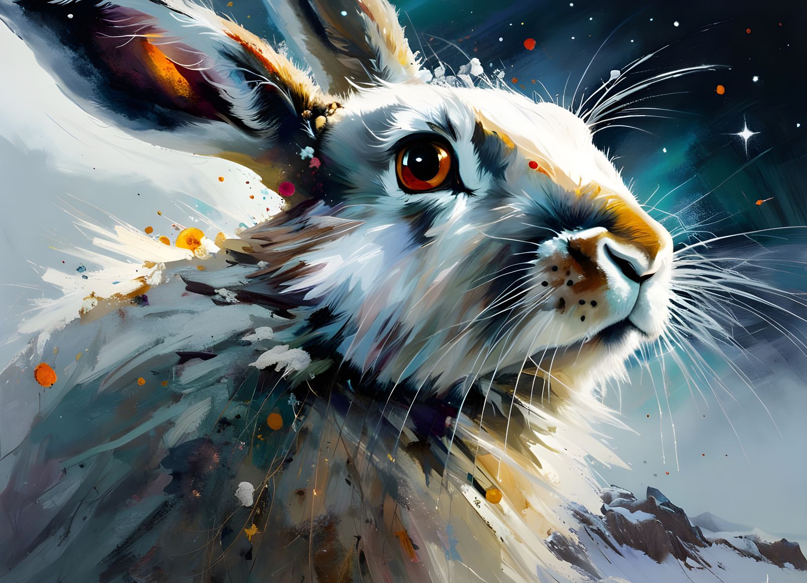 Arctic Hare Portrait Under Cosmic Sky